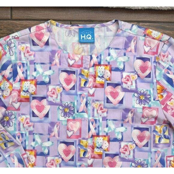 WOMENS SCRUBS JACKET Breast Cancer Scrubs Pink Ribbons Hearts Butterflies SIZE S - Picture 6 of 8
